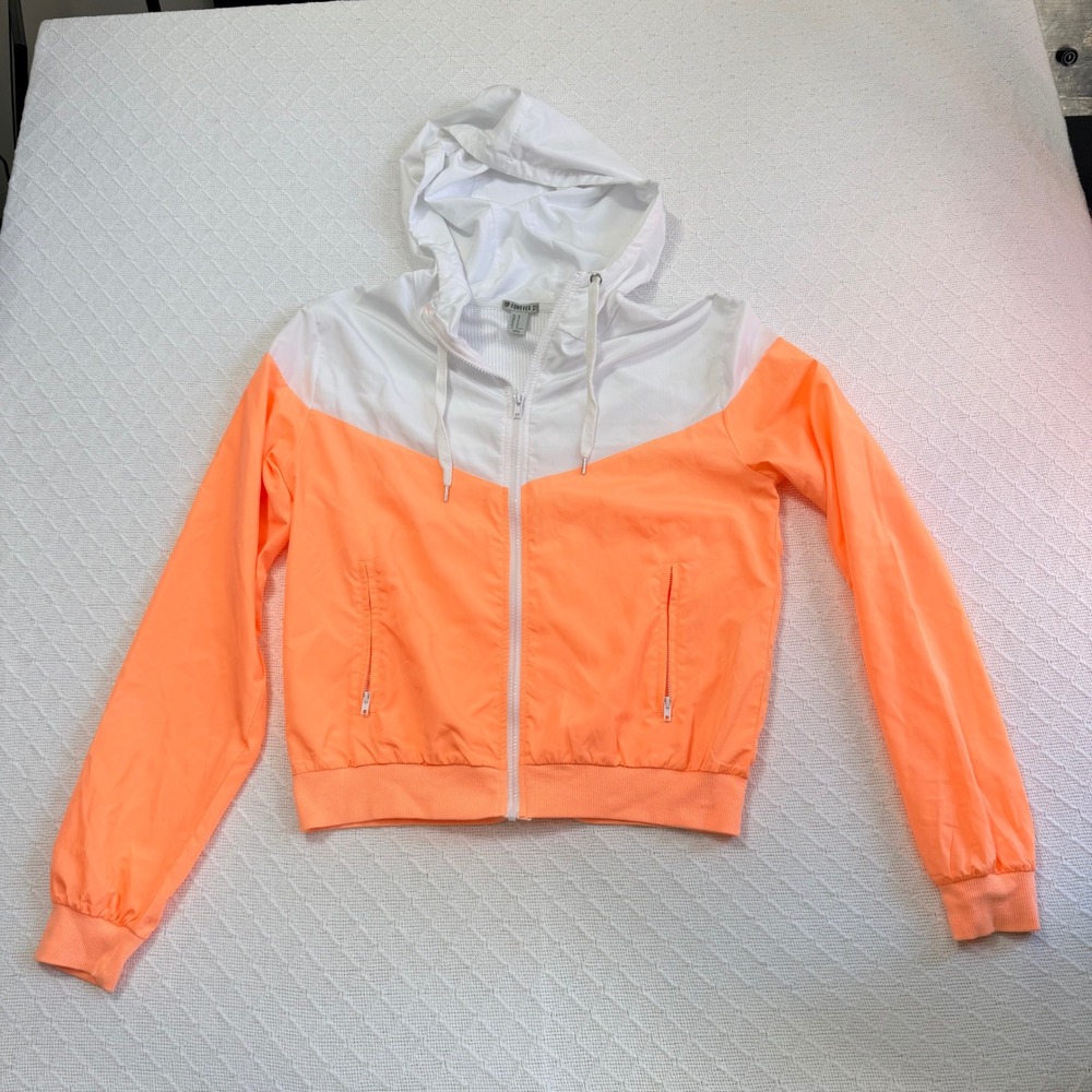 Forever 21 Active Neon Orange White Colorblock Zip Up Windbreaker Jacket Medium